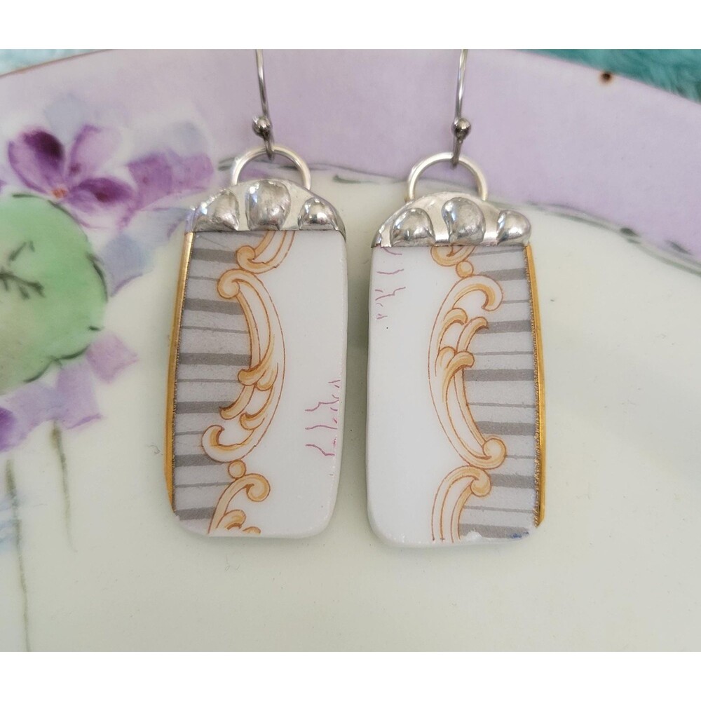 Broken China "Noritake" Gray Stripes with Gold - Top Soldered Earrings